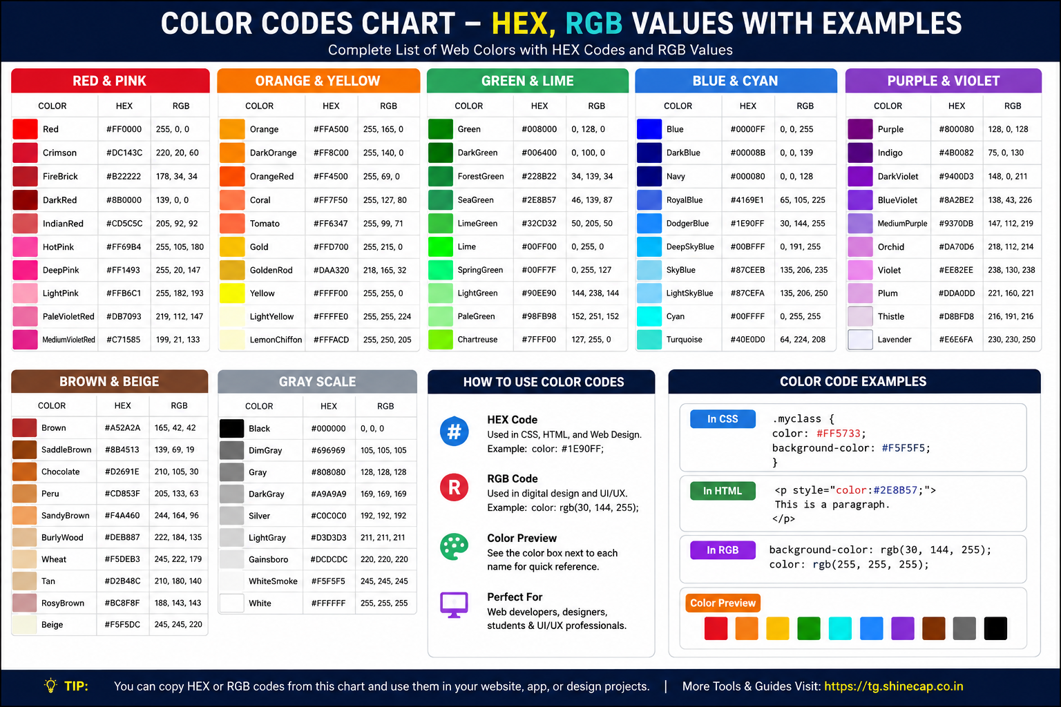 Color codes chart with HEX and RGB values for web design