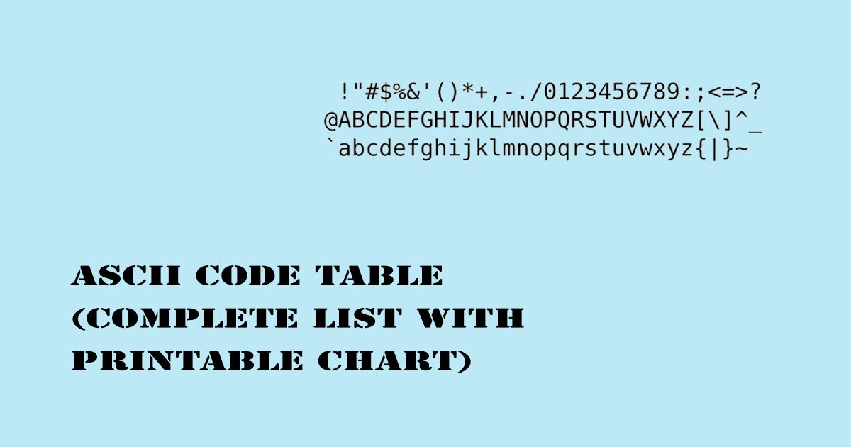 Designed Image with 'ASCII Code Table (Complete List with Printable Chart)' text on it.