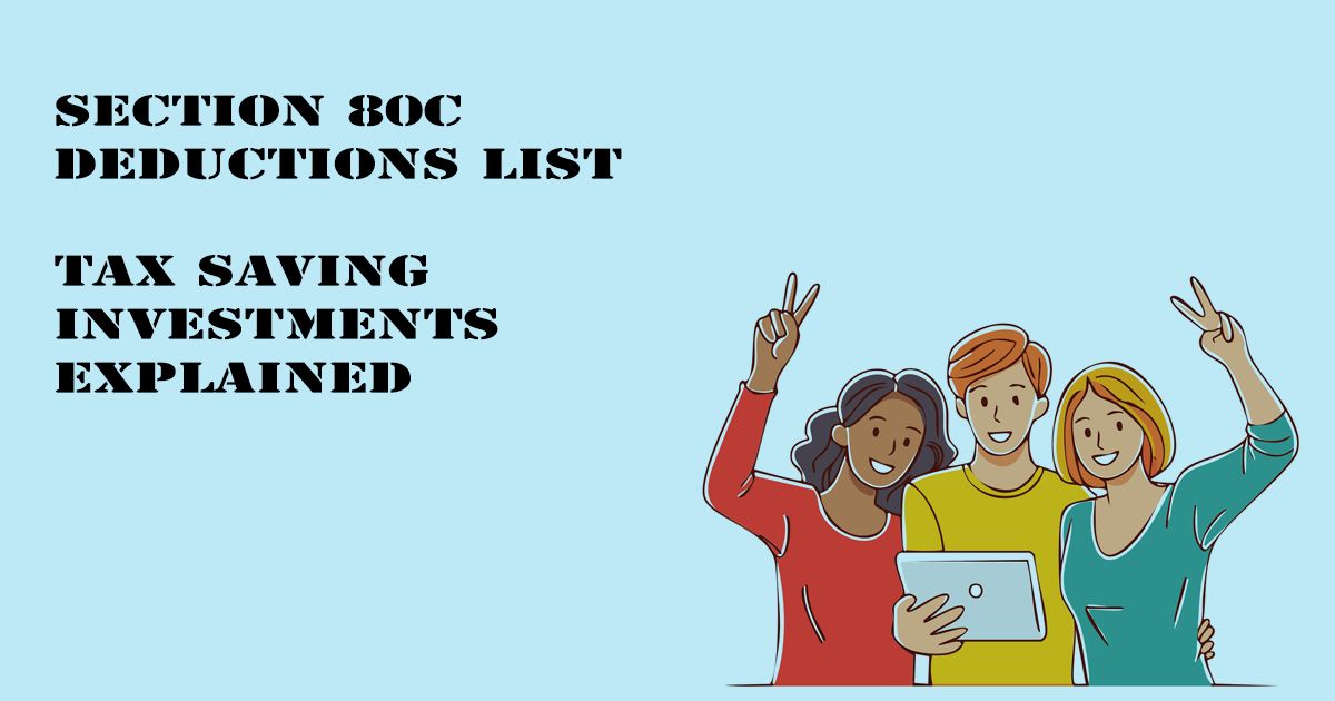 Designed Image with 'Section 80C Deductions List – Tax Saving Investments Explained' text on it.